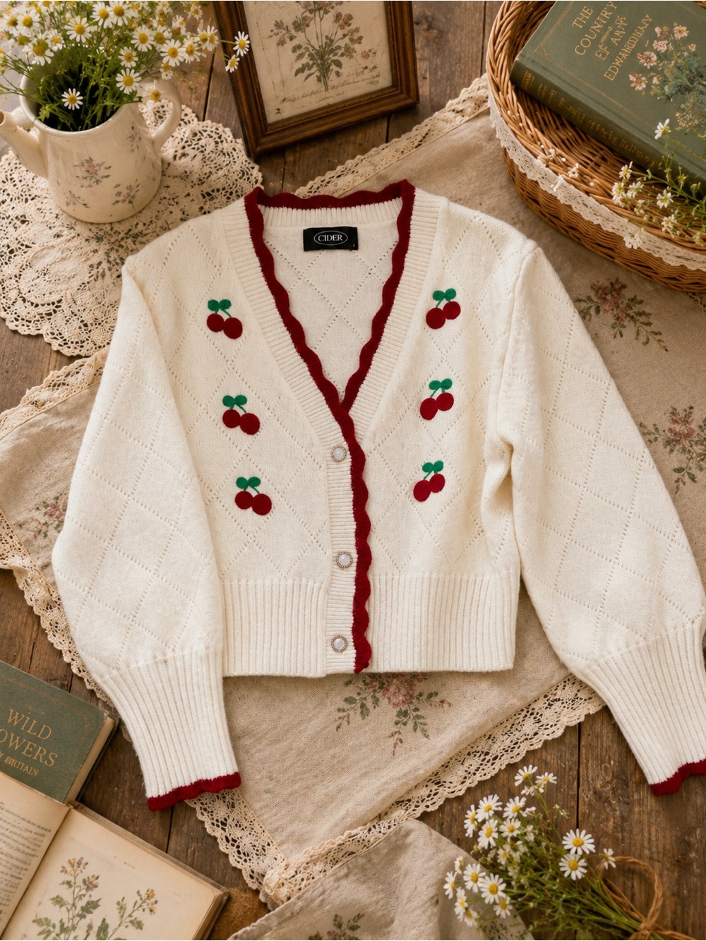 Cider Cherry Cardigan Cream Knit Cropped Red Trim Size L